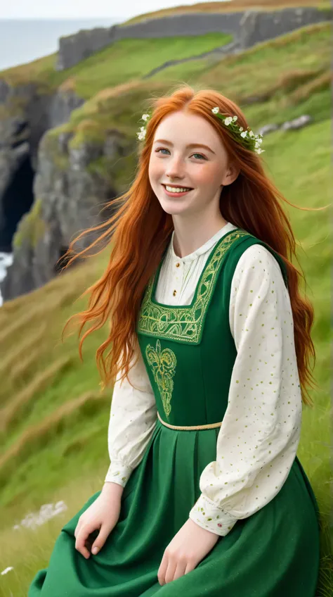 A beautiful 18-year-old Irish girl with red hair, green eyes and a few freckles on her face smiles at you in traditional Irish dress. On a cliff with open grass, she poses in a lively manner, unlike the AI.