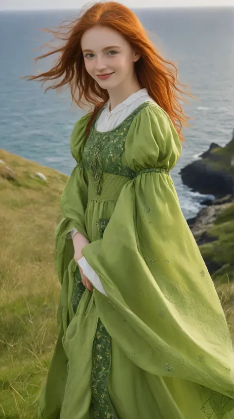 A beautiful 18-year-old Irish girl with red hair, green eyes and a few freckles on her face smiles at you in traditional Irish dress. On a cliff with open grass, she poses in a lively manner, unlike the AI.