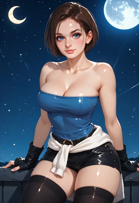 moon, full moon, 1girl, breasts, skirt, thighhighs, brown hair, star \(sky\), sun, short hair, blue eyes, smile, crescent moon, cleavage, starry sky, solo, night, bare shoulders, night sky, black legwear, (jill valentine), looking at viewer, (leather short...