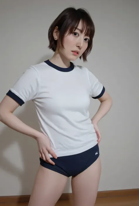 (masterpiece:1.3), ultra-high-definition, (genuine:1.3), super quality, (8K resolution:1.3), ultra-high resolution, ultra-realistic, (professional lighting:1.3), beautiful Japanese woman from under her feet, short hair, standing, school gymnasium dark blue...