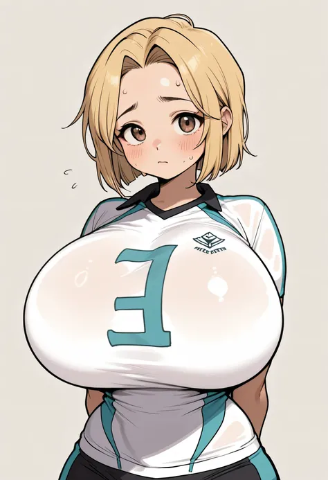 Girl alone、masterpiece、High resolution、Best Quality、((((Huge breasts))))、Narrow waist、1 young korean girl、Volleyball Uniforms、blonde、Short Hair、expensive、Red cheeks、vapor、sweat、Attractive look、one length bob cut hair, ((forehead, hair intakes))、Tomboy、A re...