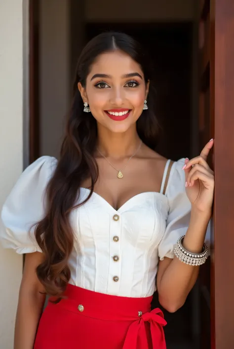 anaswarasdxl, cuteloli, Full image of a young girl with makeup, smiling, Indian skin tone, light brown eyes, fox-eyelashes, silver color eyeshadow, matte red lips. Her hairs are long, brown, stylish and straight. She is wearing a white corset top with Puff...