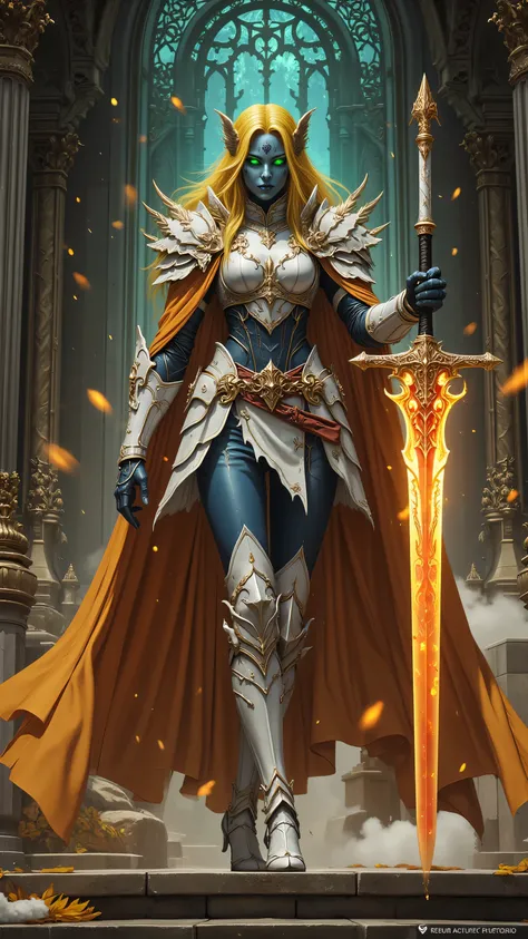portrait of a female cleric of twilight armed with a fiery sword, exquisite beauty, dark blue skin female, yellow hair, long hair, (((no ears))), green eyes, red fire, wearing (twilight priestly combat vestments), wearing white armor, wearing high heeled b...