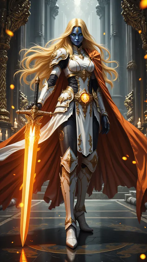 portrait of a female cleric of twilight armed with a fiery sword, exquisite beauty, dark blue skin female, yellow hair, long hair, (((no ears))), green eyes, red fire, wearing (twilight priestly combat vestments), wearing white armor, wearing high heeled b...