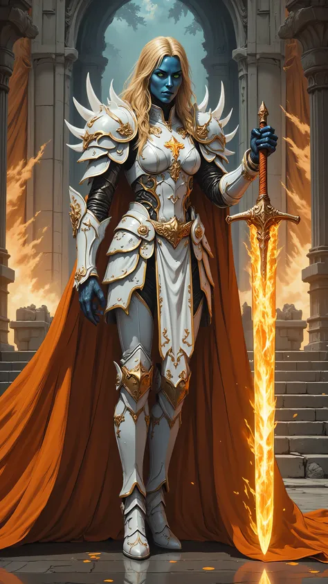 perfection style,A illustration in the commix style,holy armor,fantasy armor,portrait of a female cleric of twilight armed with a fiery sword, exquisite beauty, dark blue skin female, yellow hair, long hair, (((no ears))), green eyes, red fire, wearing (tw...