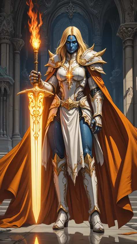 perfection style,A illustration in the commix style,holy armor,fantasy armor,portrait of a female cleric of twilight armed with a fiery sword, exquisite beauty, dark blue skin female, yellow hair, long hair, (((no ears))), green eyes, red fire, wearing (tw...