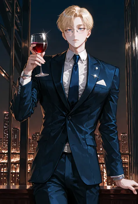 8k, beautiful masterpiece, looking ahead, alone, pale skin, Perfect Eyes shape, Athletic Build, ((He wears: black 3-Piece Suit; dark blue tie with Silver pin; 1 silver watch; 1 silver pince-nez glasses)), (((background is penthouse at night, is emotionless...