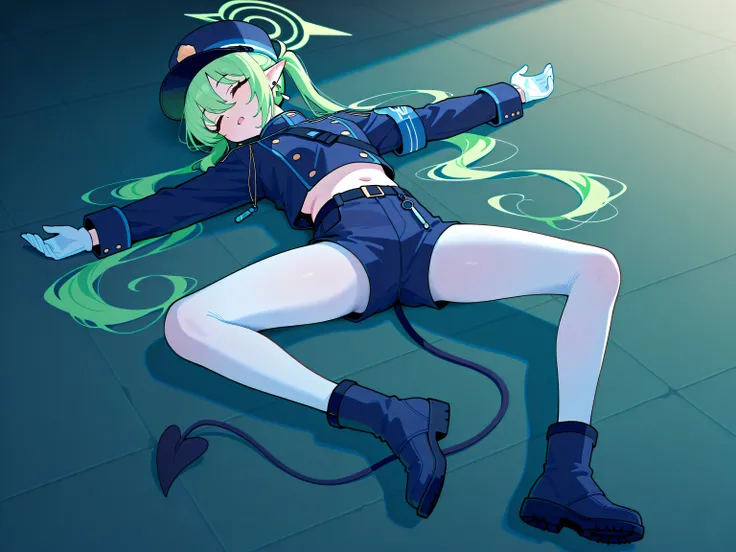 nozomi \(blue archive\), {{{best quality}}}, {{ultra-detailed}}, {illustration}, {{an extremely delicate and beautiful}}, 1girl, halo, green hair , long twin tails , earrings, pointed ears, halo, Tail, jacket, belly , shorts , white pantyhose , Wristband ,...