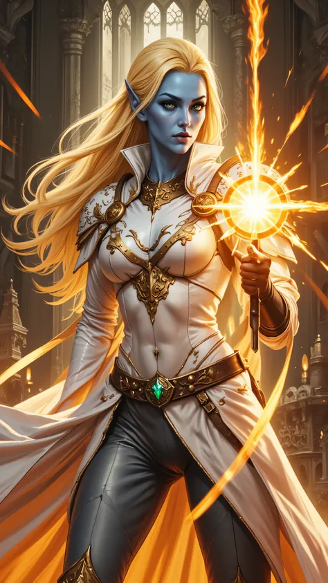perfection style,A illustration in the commix style,holy armor,fantasy armor,portrait of a female cleric of twilight, casting radiant spell, exquisite beauty, blue skin female, yellow hair, long hair, (((no ears))), green eyes, red fire, wearing (twilight ...