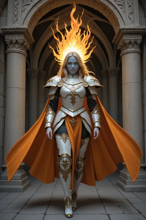 perfection style,3DMM,perfection style,A illustration in the commix style,holy armor,fantasy armor,portrait of a female cleric of twilight, casting radiant spell, exquisite beauty, blue skin female, yellow hair, long hair, (((no ears))), green eyes, red fi...