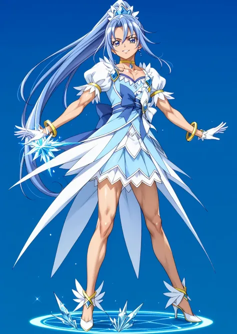 score 9 、score 8 up、score 7 up、source anime、傑作、Best quality、Best resolution、Very detailed face、Very detailed eyes、Best image quality、anime coloring、anime screencap、1boy、cure diamond is a boy、blue haired male character is wearing a blue dress、high long pony...