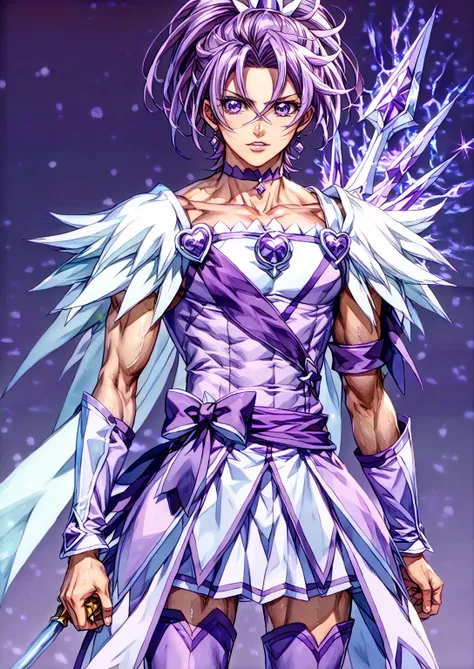 score 9 、score 8 up、score 7 up、source anime、傑作、Best quality、Best resolution、Very detailed face、Very detailed eyes、Best image quality、anime coloring、anime screencap、1boy、cure sword is a boy、purple haired male character is wearing a purple dress、high short p...