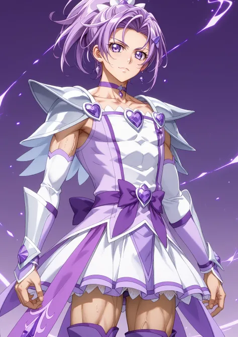 score 9 、score 8 up、score 7 up、source anime、傑作、Best quality、Best resolution、Very detailed face、Very detailed eyes、Best image quality、anime coloring、anime screencap、anime screenshot、1boy、cure sword is a boy、purple haired male character is wearing a purple d...