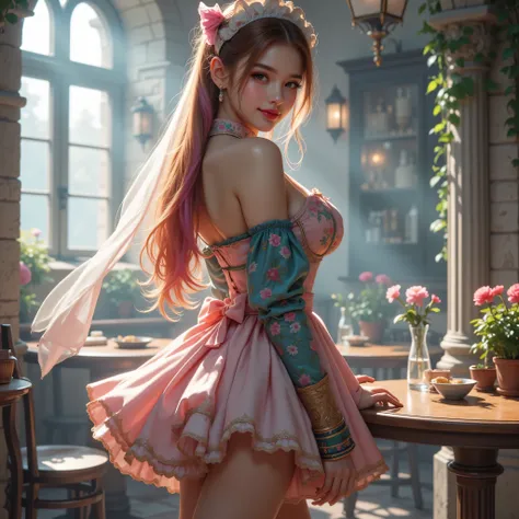 High image quality NUTRA FINECG Unity 8k壁紙、Highest Quality、High image quality NUTRA FINE、masterpiece、real、photo、HIGH QUALITY NUTRA FINEキュートガール、18 years old、((Maid Cafe in an old European castle)、((girl standing in front of a table)、(girl in colorful maid c...