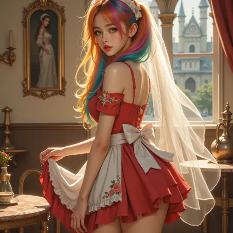 High image quality NUTRA FINECG Unity 8k壁紙、Highest Quality、High image quality NUTRA FINE、masterpiece、real、photo、HIGH QUALITY NUTRA FINEキュートガール、18 years old、((Maid Cafe in an old European castle)、((girl standing in front of a table)、(girl in colorful maid c...