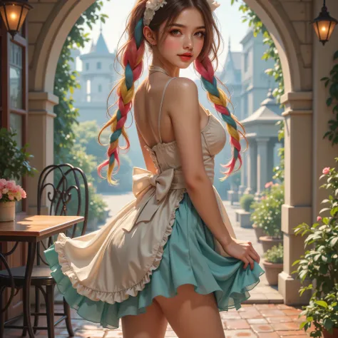 High image quality NUTRA FINECG Unity 8k壁紙、Highest Quality、High image quality NUTRA FINE、masterpiece、real、photo、HIGH QUALITY NUTRA FINEキュートガール、18 years old、((Maid Cafe in an old European castle)、((girl standing in front of a table)、(girl in colorful maid c...