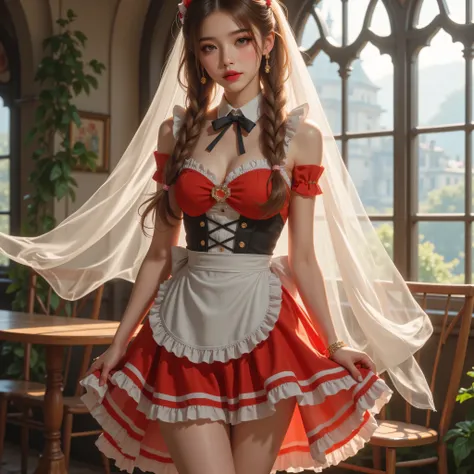 High image quality NUTRA FINECG Unity 8k壁紙、Highest Quality、High image quality NUTRA FINE、masterpiece、real、photo、HIGH QUALITY NUTRA FINEキュートガール、18 years old、((Maid Cafe in an old European castle)、((girl standing in front of a table)、(girl in colorful maid c...