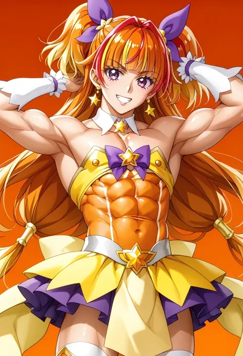 score 9 、score 8 up、score 7 up、source anime、傑作、Best quality、Best resolution、best image quality、anime coloring、anime screencap、anime screenshot、1boy、cure twinkle is a boy、(male:1.6)、man is wearing a yellow strapless dress、solo、long hair、orange hair、low tied...