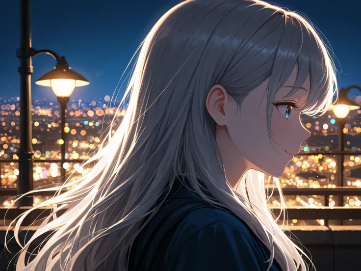 womanhood, gray hair, long hair, night景, City lights, profile, Smile,High Quality,4K,Professional,Extremely Detailed Description,Bokeh,HDR,studio lighting,vivid colors,portrait,night,Street lamp,grace,calmed down,Dreamy,nice