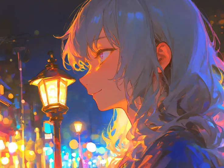 womanhood, gray hair, long hair, night景, City lights, profile, Smile,High Quality,4K,Professional,Extremely Detailed Description,Bokeh,HDR,studio lighting,vivid colors,portrait,night,Street lamp,grace,calmed down,Dreamy,nice