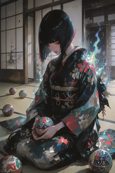 A semi-realistic Japanese girl inspired by the folklore spirit "Zashiki-warashi", with a blunt bob haircut, wearing a vibrant floral-patterned furisode kimono. She is sitting on a traditional tatami floor in a Japanese room, playing with a colorful temari ...