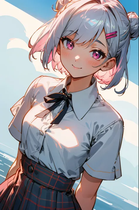 one woman、solo、silver bob short hair、bun hair with hair clip、pink eyes、small breasts、white blouse shirt、Plaid Skirt、upper body、from above、is staring at the viewer、is smiling、the mouth is wide、Country Style Village、(80mm portrait lens、F1.8、Shot at ISO 100)、...