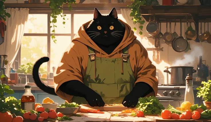 This illustration features a large male black cat with an intimidating but gentle appearance. He wears a cozy brown hoodie and a thick moss green apron. The setting is a kitchen filled with warm light. The black cat is seen chopping vegetables, with an arr...