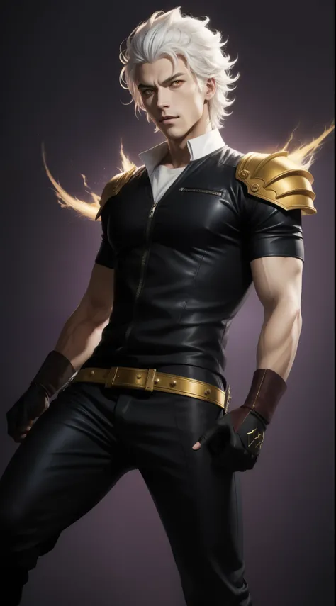 Realistic Character with White Hair and Yellow Eyes on a Purple Background, Devil in a Running Dream, The handsome man in the Demon Slayer painting, Important Realistic Art,One Punch Man Garou, Art Style with Realistic Magic Active, Yatate Hajime, nagito k...