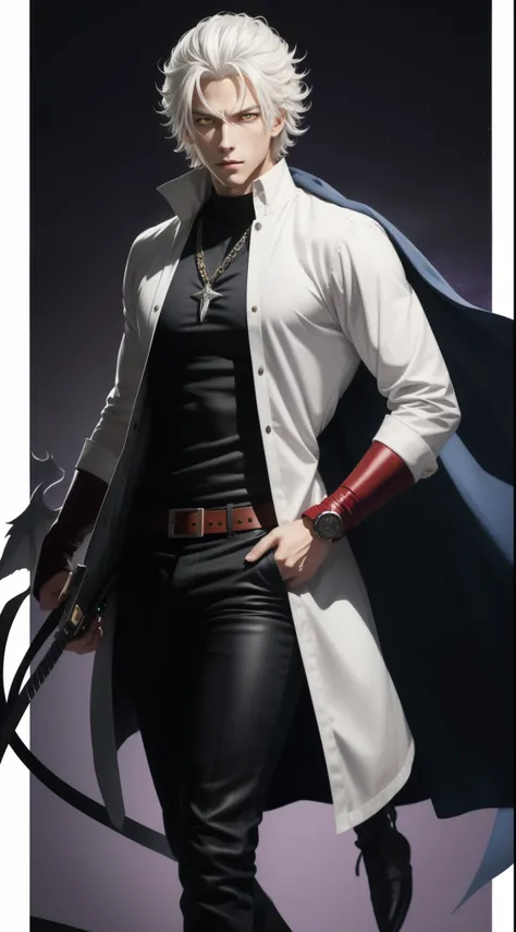 Realistic Character with White Hair and Yellow Eyes on a Purple Background, Devil in a Running Dream, The handsome man in the Demon Slayer painting, Important Realistic Art,One Punch Man Garou, Art Style with Realistic Magic Active, Yatate Hajime, nagito k...