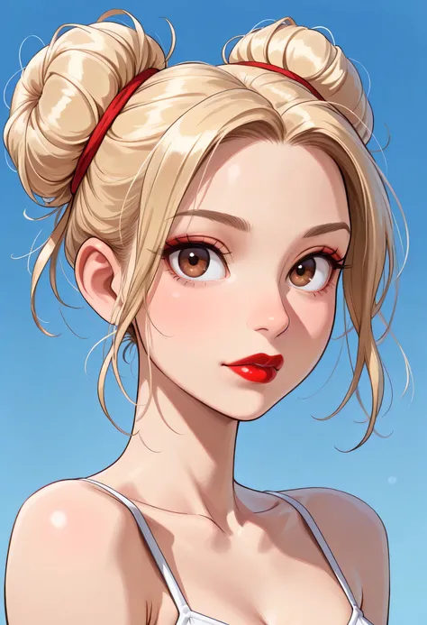 ((Perfect Face, Blonde Hair Bun, Brown Eyes, Bright Red Lips, Female Beautiful))