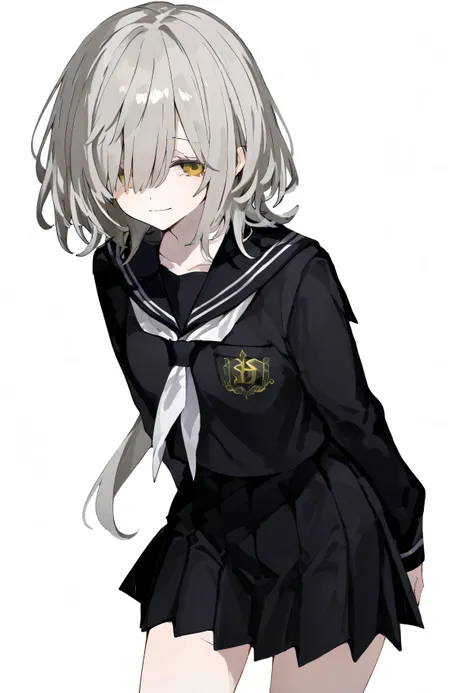 
detailed,super fine illustration,748cmstyle,hair over one eyes,grey hair,yellow eyes,itome,light smile,cowboy shot,tachi-e,black school uniform,white background