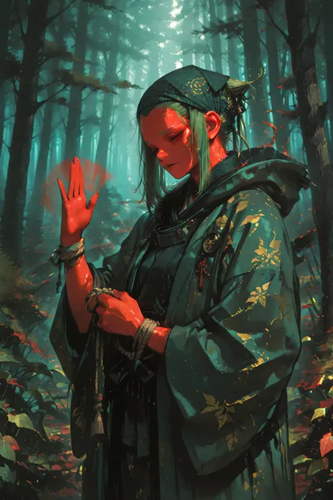 A semi-realistic painting of a female figure inspired by a tengu, wearing traditional yamabushi robes and a headwrap. Her hair is elegantly tied up under the hood. She stands in a dense forest, holding and fanning with two hachiyō fans made of large green ...