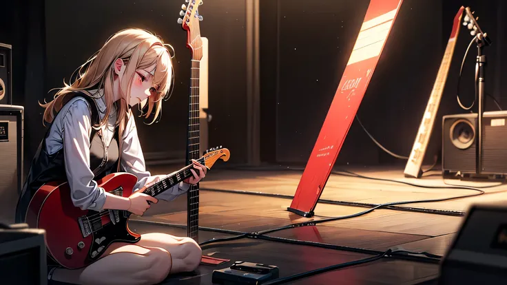 A raw, emotional image of a young woman sitting alone in a dimly lit rehearsal studio. She's holding an electric guitar loosely, staring downward, with tear streaks barely visible on her face. The floor is scattered with lyrics, tape, and broken picks. In ...