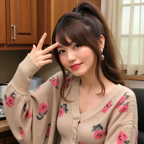 (Fujii Yukiyo）　（19 year old brown hair）（big breasts　 big boobs 1:2）（high ponytail 1:2）（Upper body shot 1 :2）（Red Lips）（eyeshadow）（long eyelashes）（The kitchen）（floral off-the-shoulder knit）