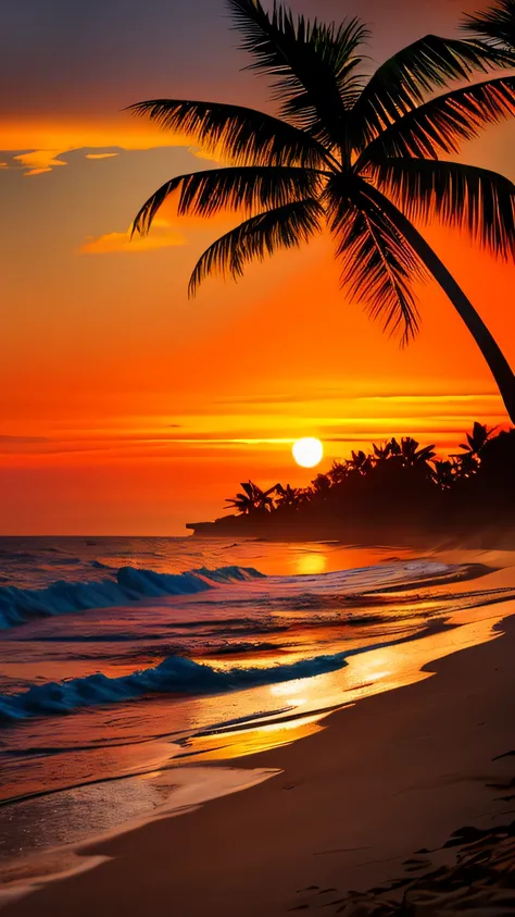 Lush tropical island landscape, Gentle waves on the beach, palm tree,. dramatic red and orange sunsets.
high contrast and high saturation, very detailed, High Definition, A strange masterpiece, particle effects, (Dust, Gust of wind:1.07), Volume light, l...