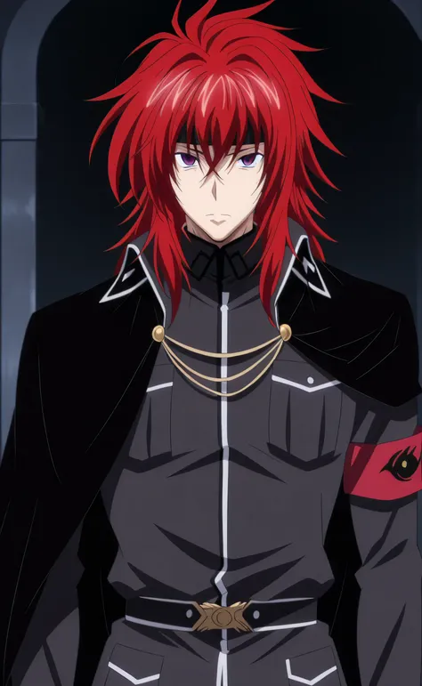 1male,solo,Guy Crimson,red hair,medium hair,purple eyes,empty eyes,headband,black Germany post war uniform,red armband,black cape,serious,big muscle,High School DXD