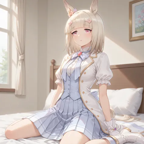 anime, lazypos, masterpiece, best quality, amazing quality, in dormatory, sitting on bed, 1girl, solo, alone, happy meek \(umamusume\), frilled sleeves, blue bowtie, boots, dress shirt, puffy short sleeves, brooch, white gloves, white footwear, blue skirt,...