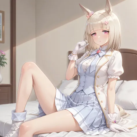 anime, lazypos, masterpiece, best quality, amazing quality, in dormatory, sitting on bed, 1girl, solo, alone, happy meek \(umamusume\), frilled sleeves, blue bowtie, boots, dress shirt, puffy short sleeves, brooch, white gloves, white footwear, blue skirt,...