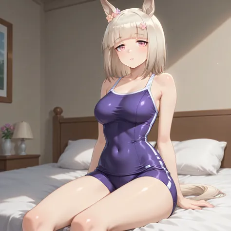anime, lazypos, masterpiece, best quality, amazing quality, in dormatory, sitting on bed, 1girl, solo, alone, happy meek \(umamusume\), tracen swimsuit,