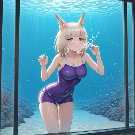 anime, lazypos, masterpiece, best quality, amazing quality, 4qu4r1um, in aquarium, behind underwater window, fish, 1girl, solo, alone, happy meek \(umamusume\), tracen swimsuit, amazed expression, swimming, holding breath,