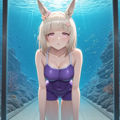 anime, lazypos, masterpiece, best quality, amazing quality, 4qu4r1um, in aquarium, behind underwater window, fish, 1girl, solo, alone, happy meek \(umamusume\), tracen swimsuit, amazed expression, swimming, holding breath,
