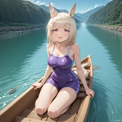 anime, lazypos, masterpiece, best quality, amazing quality, in river, alongside a boat, fish swimming around, 1girl, solo, alone, happy meek \(umamusume\), tracen swimsuit, amazed, happy, swimming,