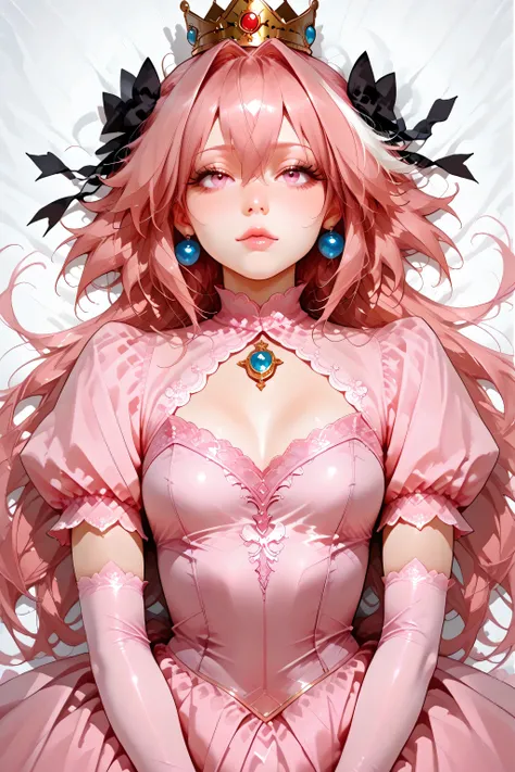 1 girl, astolfo_fate, astolfo, pink hair, long hair, pink eyes, princess peach dress, , nostra666, jewelry, crown,  (pink dress, crown), princess dress, princess crown, pink dress, pink long gloves, dakimakura, white background, masterpiece, face only, hig...