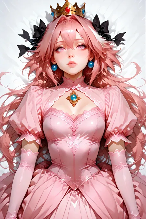 1 girl, astolfo_fate, astolfo, pink hair, long hair, pink eyes, princess peach dress, , nostra666, jewelry, crown,  (pink dress, crown), princess dress, princess crown, pink dress, pink long gloves, dakimakura, white background, masterpiece, face only, hig...