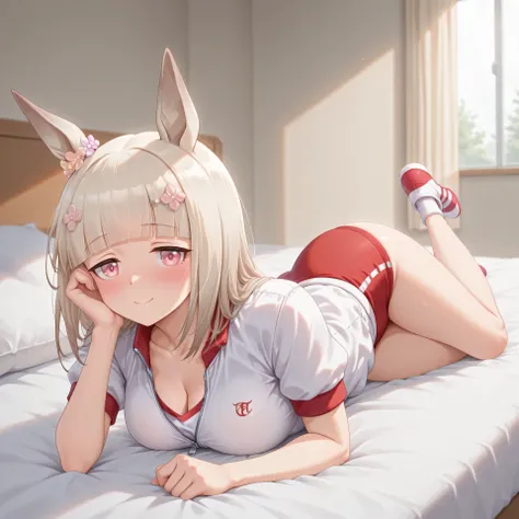 anime, lazypos, masterpiece, best quality, amazing quality, in dormatory, on bed, laying on chest, cleavage, 1girl, solo, alone, happy meek \(umamusume\), tracen training jacket, red buruma, red sneakers, zip fastener, gym shirt, short sleeves, blushing, s...