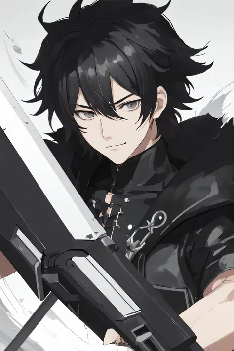 masterpiece, anime style, best quality, portrait, 1boy, solo, messy hair, black hair, thick bangs, silver grey eyes, slight smirk, black coat on shoulders, black top, gunblade on back