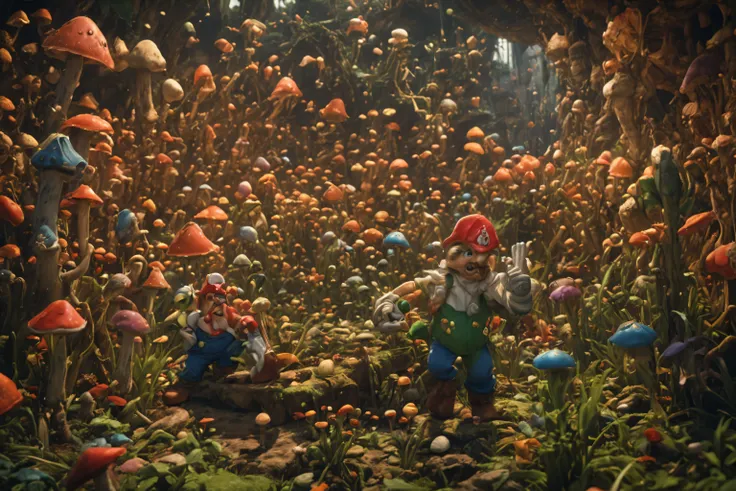 Medium close-up, 8K, Meisterwerk, hochwertig, portrait, Mario and Luigi with his iconic red hat and blue jumpsuit, a determined look on his face, stands in the vibrant and whimsical mushroom kingdom, , surrounded by towering green pipes and colorful mushro...