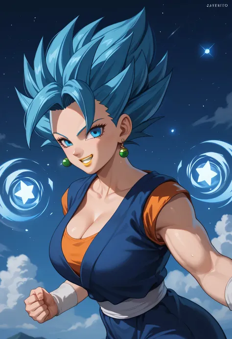 woman, big breasts, anime style, yellow lipstick, white skin, blue hair, big hair, strong, strong physique, blue kimono, orange blouse, side view, focus on the character, looking at the viewer, sensual smile, view from above, night, starry sky, blue energy...