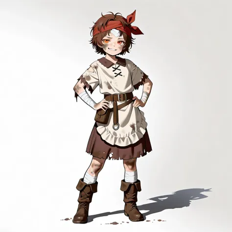 (female), (little girl), (brown hair), (messy short hair), (orange eyes), (dirty face), (dirty skin), (solo), (single character), (full body version), (white background), (no background), (shadow), (highly detailed), (standing pose), (natural light), (deta...