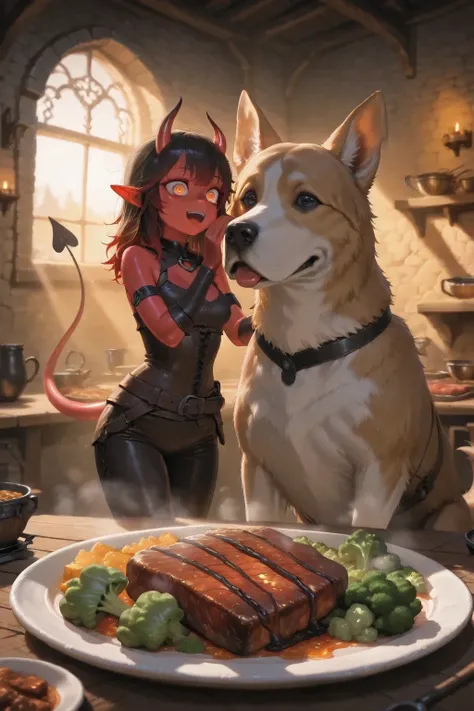 In the center of the composition, a close-up full face in front of a large plate of grilled meat and green broccoli sits a dog .
A petite devil girl with red skin sits on the dog's left shoulder, in medieval leather side-lacing pants with a long thin tail ...